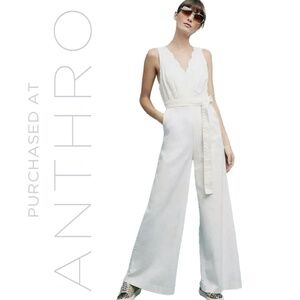 NWOT CHINO by ANTHRO white wide leg palazzo jumpsuit w/ scalloped v neck wrap 6